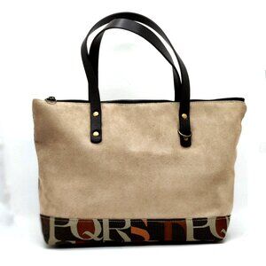 Beige Alphabet Print Faux Leather Suede Canvas Designer Bag Purse Dual Handle